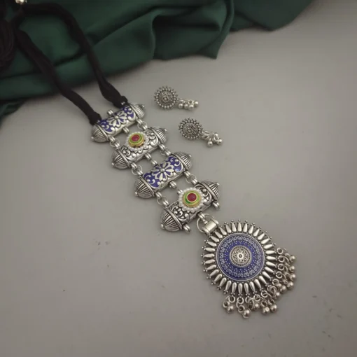 Glamaya Oxidised Meenakari Tie Necklace Earrings Set 7 GLAM-CN-ME-18-111579-33-5 Glamaya Oxidised Meenakari Tie Necklace Earrings Set 7 GLAM-CN-ME-18-111579-33-5