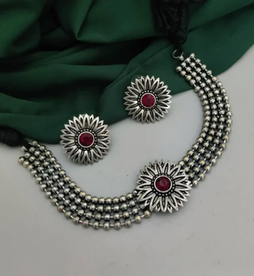 Glamaya Oxidised Silver Plated Brass Necklace Earrings Set 1 GLAM-CN-BR-19-278172-30-10