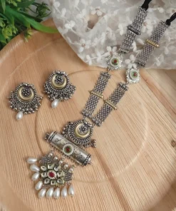 Glamaya Sarmaya Oxidised Long Fusion Necklace Earring Set 1 GLAM-CN-OX-35-873856-55-4