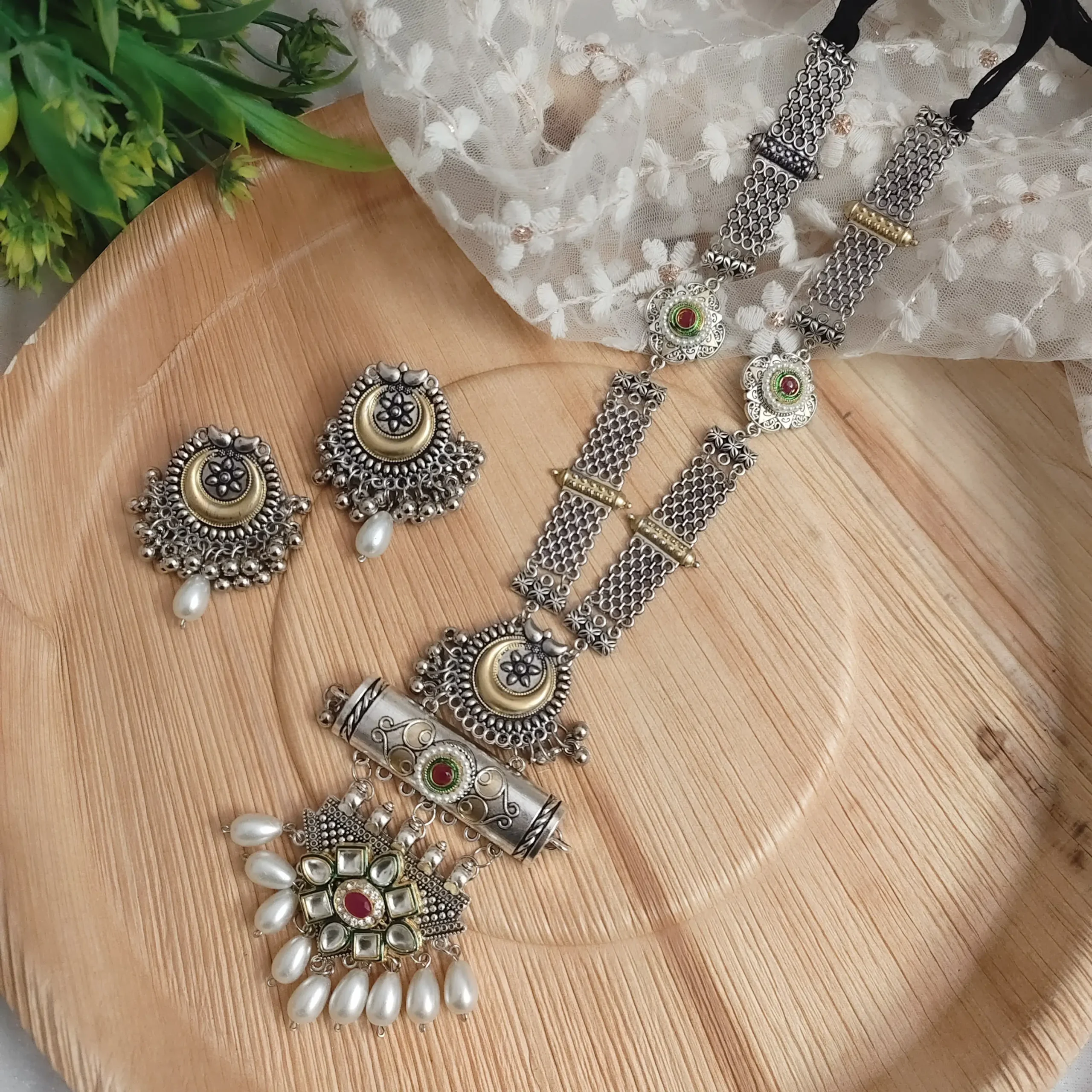Trendy Oxidised Long Fusion Necklace Earring Set