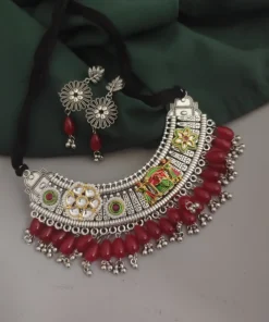 Glamaya Oxidised Glass Beads Hasli Choker Necklace Earrings Set 3 GLAM-CN-BE-18-905540-25-10