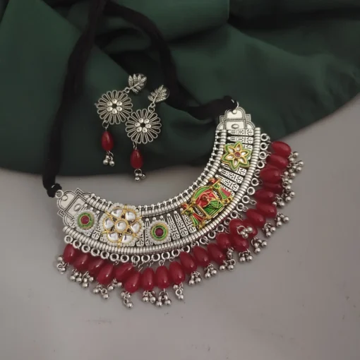 Glamaya Oxidised Glass Beads Hasli Choker Necklace Earrings Set 3 GLAM-CN-BE-18-905540-25-10 Glamaya Oxidised Glass Beads Hasli Choker Necklace Earrings Set 3 GLAM-CN-BE-18-905540-25-10