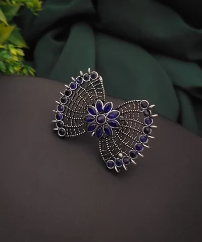 Glamaya Oxidised Semi Precious Stone Bow Adjustable Rings Blue 1 GLAM-RI-ST-11F7-655706-20-6