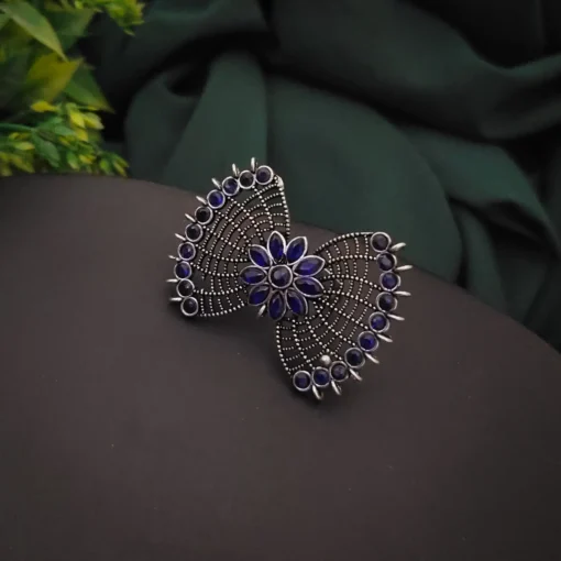 Glamaya Oxidised Semi Precious Stone Bow Adjustable Rings Blue 1 GLAM-RI-ST-11F7-655706-20-6