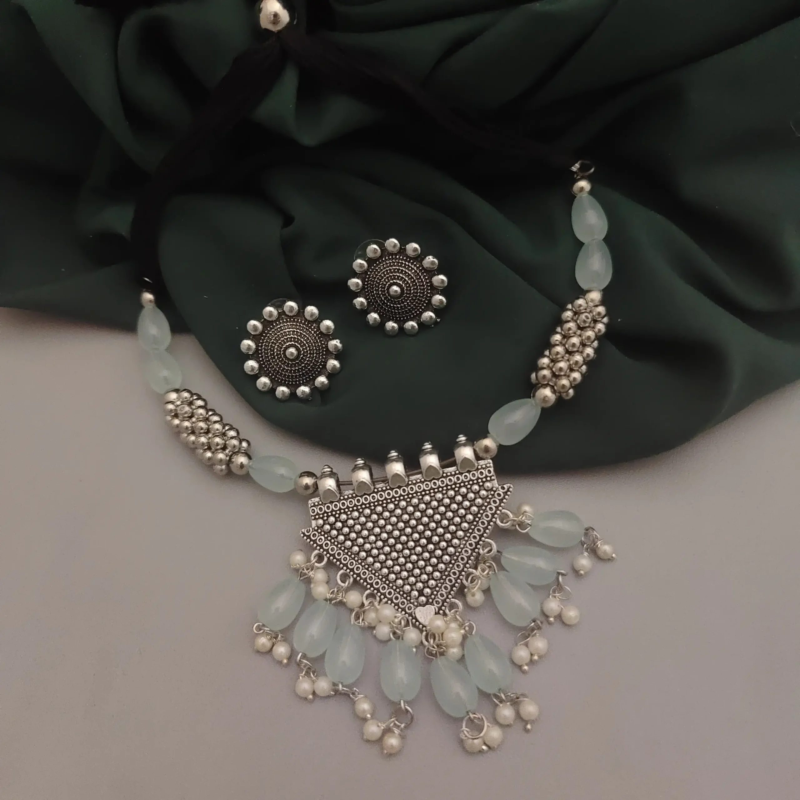 Womens Navratri Silver Oxidised Traditional Ethnic Ghungroo Long Necklace Jewellery Set With Earrings