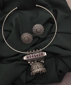 Glamaya Oxidised Stone Jhumka Hasli Necklace Earrings Set 4 GLAM-CN-ST-25-097901-35-6