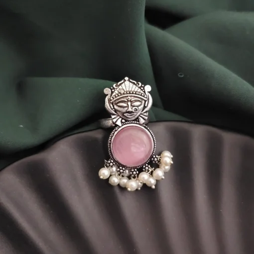 Glamaya Oxidised Durga Monalisa Stone Adjustable Ring 1 GLAM-RI-ST-12-012633-19-5