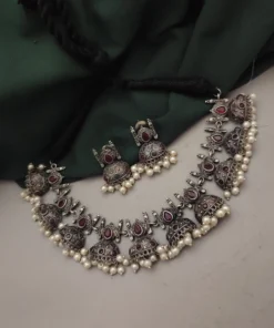 Glamaya Silver Lookalike Pink Jhumka Necklace Earrings Set 2 GLAM-CN-OX-54-274720-60-5