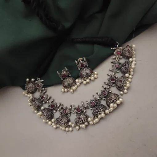 Glamaya Silver Lookalike Pink Jhumka Necklace Earrings Set 2 GLAM-CN-OX-54-274720-60-5 Glamaya Silver Lookalike Pink Jhumka Necklace Earrings Set 2 GLAM-CN-OX-54-274720-60-5