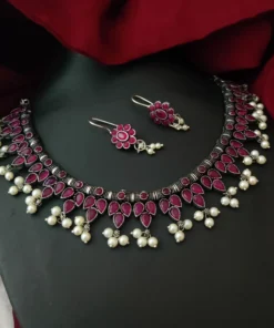 Glamaya German Silver Pink Stone Necklace Earrings Set 1 GLAM-CN-ST-33F3-050575-50-6