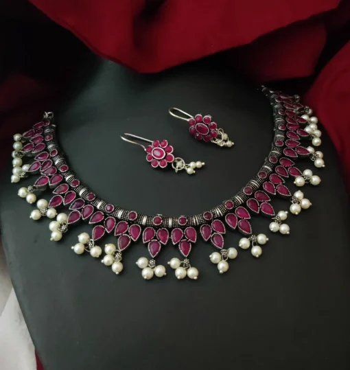 Glamaya German Silver Pink Stone Necklace Earrings Set 1 GLAM-CN-ST-33F3-050575-50-6