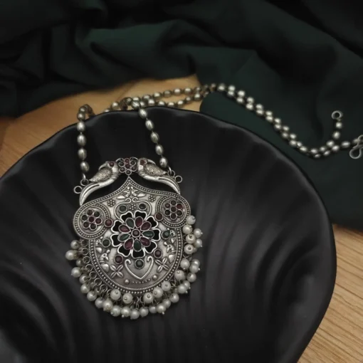 Glamaya Yashsvi Silver Replica Brass Necklace Earring Set Red Green 2 GLAM-CN-BR-66-226871-80-5 Glamaya Yashsvi Silver Replica Brass Necklace Earring Set Red Green 2 GLAM-CN-BR-66-226871-80-5