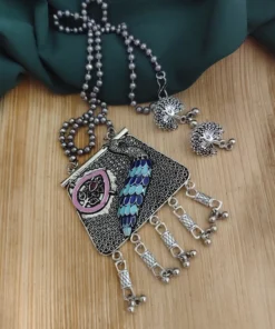 Glamaya Oxidised Peacock Chain Necklace Earrings Set 4 GLAM-CN-OX-20-904013-35-6