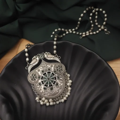 Glamaya Yashsvi Silver Replica Brass Necklace Earring Set Green 2 GLAM-CN-BR-150-714724-200-2 Glamaya Yashsvi Silver Replica Brass Necklace Earring Set Green 2 GLAM-CN-BR-150-714724-200-2