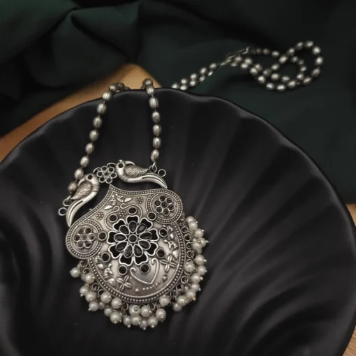 Glamaya Yashsvi Silver Replica Brass Necklace Earring Set Black 2 GLAM-CN-BR-82F5-808336-100-4 Glamaya Yashsvi Silver Replica Brass Necklace Earring Set Black 2 GLAM-CN-BR-82F5-808336-100-4