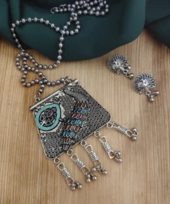 Glamaya Oxidised Peacock Chain Necklace Earrings Set 2 GLAM-CN-OX-20-904013-35-6