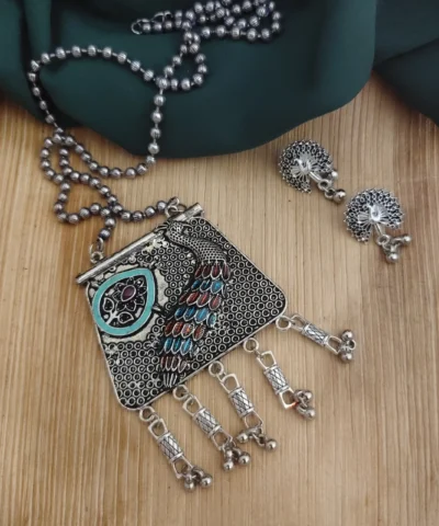 Glamaya Oxidised Peacock Chain Necklace Earrings Set 2 GLAM-CN-OX-20-904013-35-6