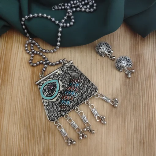 Glamaya Oxidised Peacock Chain Necklace Earrings Set 2 GLAM-CN-OX-20-904013-35-6 Glamaya Oxidised Peacock Chain Necklace Earrings Set 2 GLAM-CN-OX-20-904013-35-6