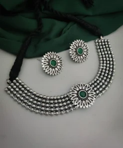 Glamaya Oxidised Silver Plated Brass Necklace Earrings Set 1 GLAM-CN-BR-47F5-991251-75-4