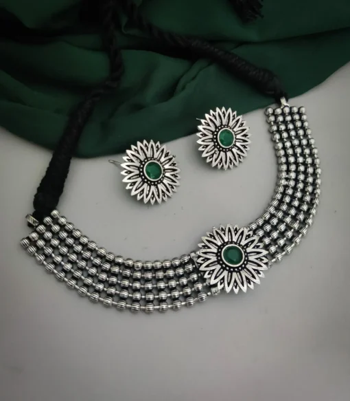 Glamaya Oxidised Silver Plated Brass Necklace Earrings Set 1 GLAM-CN-BR-47F5-991251-75-4