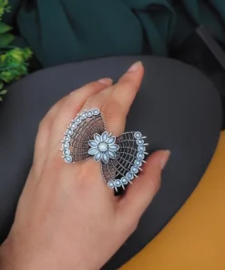 Glamaya Oxidised Semi Precious Stone Bow Adjustable Rings Pearl 2 GLAM-RI-PE-35-242763-60-2