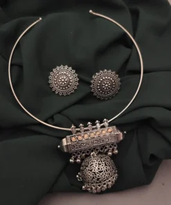 Glamaya Oxidised Stone Jhumka Hasli Necklace Earrings Set 2 GLAM-CN-ST-25-097901-35-6