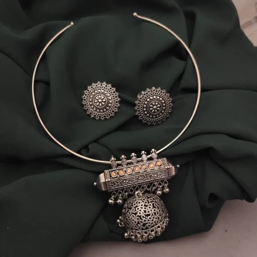 Glamaya Oxidised Stone Jhumka Hasli Necklace Earrings Set 2 GLAM-CN-ST-25-097901-35-6 Glamaya Oxidised Stone Jhumka Hasli Necklace Earrings Set 2 GLAM-CN-ST-25-097901-35-6