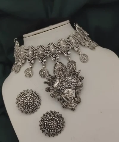 Glamaya Oxidised Durga Choker Necklace Earrings Set 1 GLAM-CN-OX-14-752008-21-10