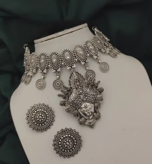 Glamaya Oxidised Durga Choker Necklace Earrings Set 1 GLAM-CN-OX-14-752008-21-10