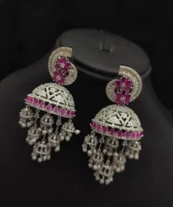 Glamaya American Diamond Silver Tone Jhumka Earrings With Ruby Stone 1 GLAM-ER-CZ-160-704349-220-5