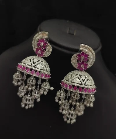Glamaya American Diamond Silver Tone Jhumka Earrings With Ruby Stone 1 GLAM-ER-CZ-160-704349-220-5