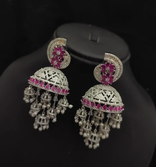 Glamaya American Diamond Silver Tone Jhumka Earrings With Ruby Stone 1 GLAM-ER-CZ-160-704349-220-5