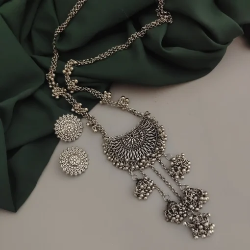 Glamaya Noor Oxidised Long Chain Necklace Earring Set 1 GLAM-CN-OX-20-680471-35-6