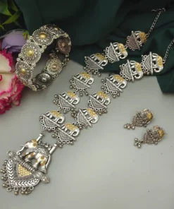 Glamaya Two Tone Elephant Necklace Earrings Set With Bracelet 1 GLAM-CN-TT-30-329867-47-5
