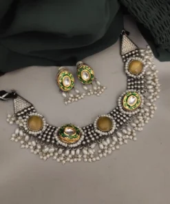 Glamaya Silver Lookalike Monalisa Stone Choker Necklace Earrings Set 1 GLAM-CN-ST-325-653065-475-2