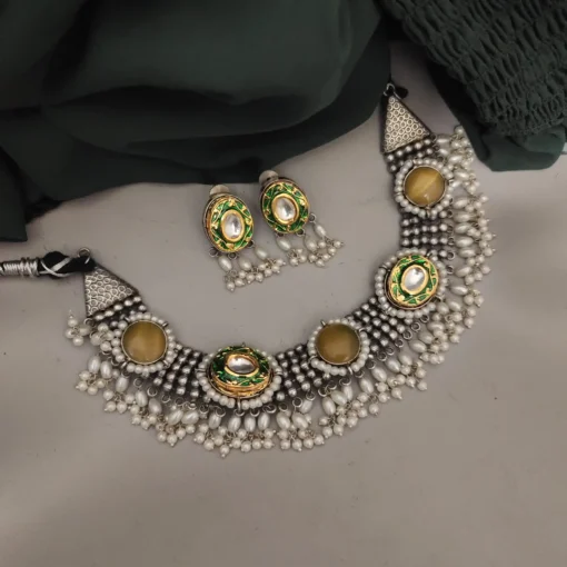 Glamaya Silver Lookalike Monalisa Stone Choker Necklace Earrings Set 1 GLAM-CN-ST-325-653065-475-2