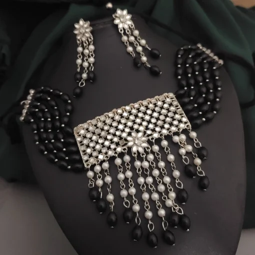 Glamaya Oxidised Beads Choker Necklace Earrings Set 4 GLAM-CN-BE-24-995380-33-5 Glamaya Oxidised Beads Choker Necklace Earrings Set 4 GLAM-CN-BE-24-995380-33-5