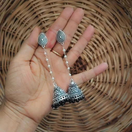 Glamaya Oxidised Pearl Chain Jhumka Earrings 2 GLAM-ER-PE-16F7-548756-25-3 Glamaya Oxidised Pearl Chain Jhumka Earrings 2 GLAM-ER-PE-16F7-548756-25-3