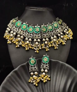 Glamaya Oxidised Two Tone Kundan Meena Choker Necklace Earrings Set 1 GLAM-CN-KU-90-743195-125-2