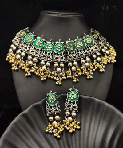 Glamaya Oxidised Two Tone Kundan Meena Choker Necklace Earrings Set 1 GLAM-CN-KU-90-743195-125-2