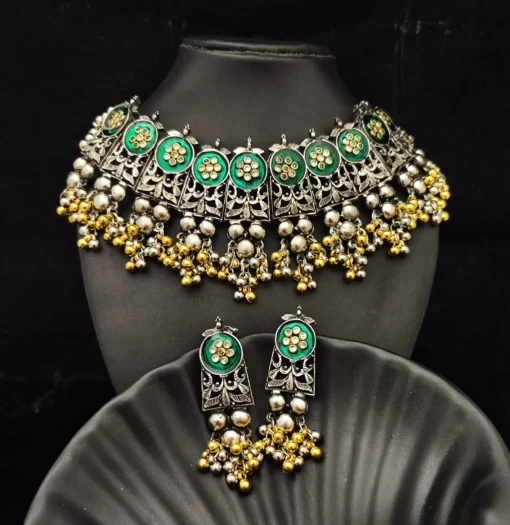 Glamaya Oxidised Two Tone Kundan Meena Choker Necklace Earrings Set 1 GLAM-CN-KU-90-743195-125-2