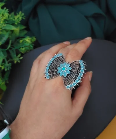 Glamaya Oxidised Semi Precious Stone Bow Adjustable Rings Sky 2 GLAM-RI-ST-17F5-753634-30-4