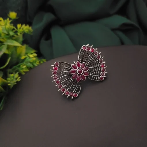 Glamaya Oxidised Semi Precious Stone Bow Adjustable Rings Red 1 GLAM-RI-ST-17F5-731483-30-4