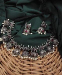 Glamaya Silver Lookalike Pink Jhumka Necklace Earrings Set 1 GLAM-CN-OX-54-274720-60-5