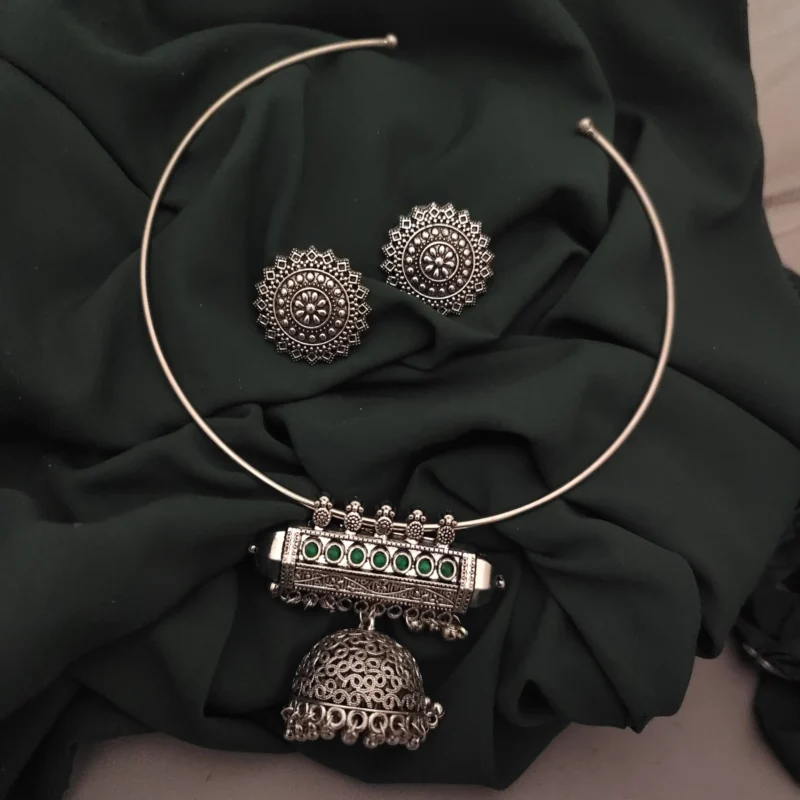 Glamaya Oxidised Stone Jhumka Hasli Necklace Earrings Set 1 GLAM-CN-ST-25-097901-35-6