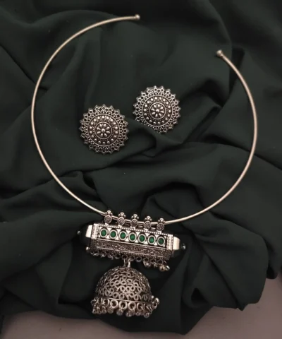 Glamaya Oxidised Stone Jhumka Hasli Necklace Earrings Set 1 GLAM-CN-ST-25-097901-35-6