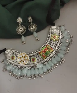 Glamaya Oxidised Glass Beads Hasli Choker Necklace Earrings Set 1 GLAM-CN-BE-18-905540-25-10