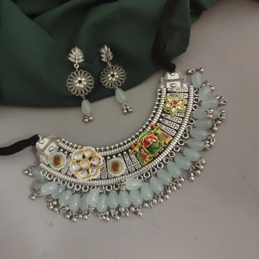 Glamaya Oxidised Glass Beads Hasli Choker Necklace Earrings Set 1 GLAM-CN-BE-18-905540-25-10