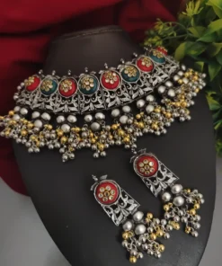 Glamaya Oxidized Two Tone Choker Necklace Earrings Set Red 1 GLAM-CN-TT-36-712094-50-5