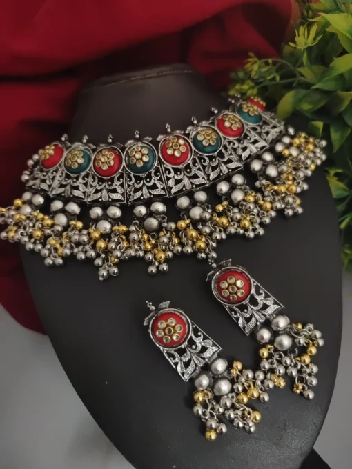 Glamaya Oxidized Two Tone Choker Necklace Earrings Set Red 1 GLAM-CN-TT-36-712094-50-5